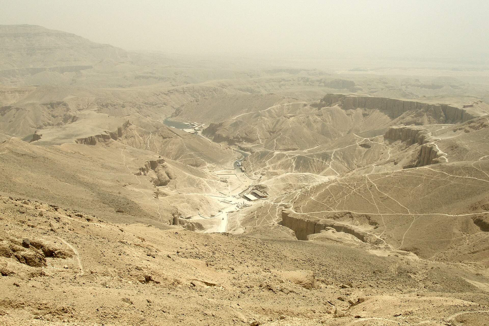 View into the Valley of the Kings on the West Bank of Luxor with arid limestone hills
