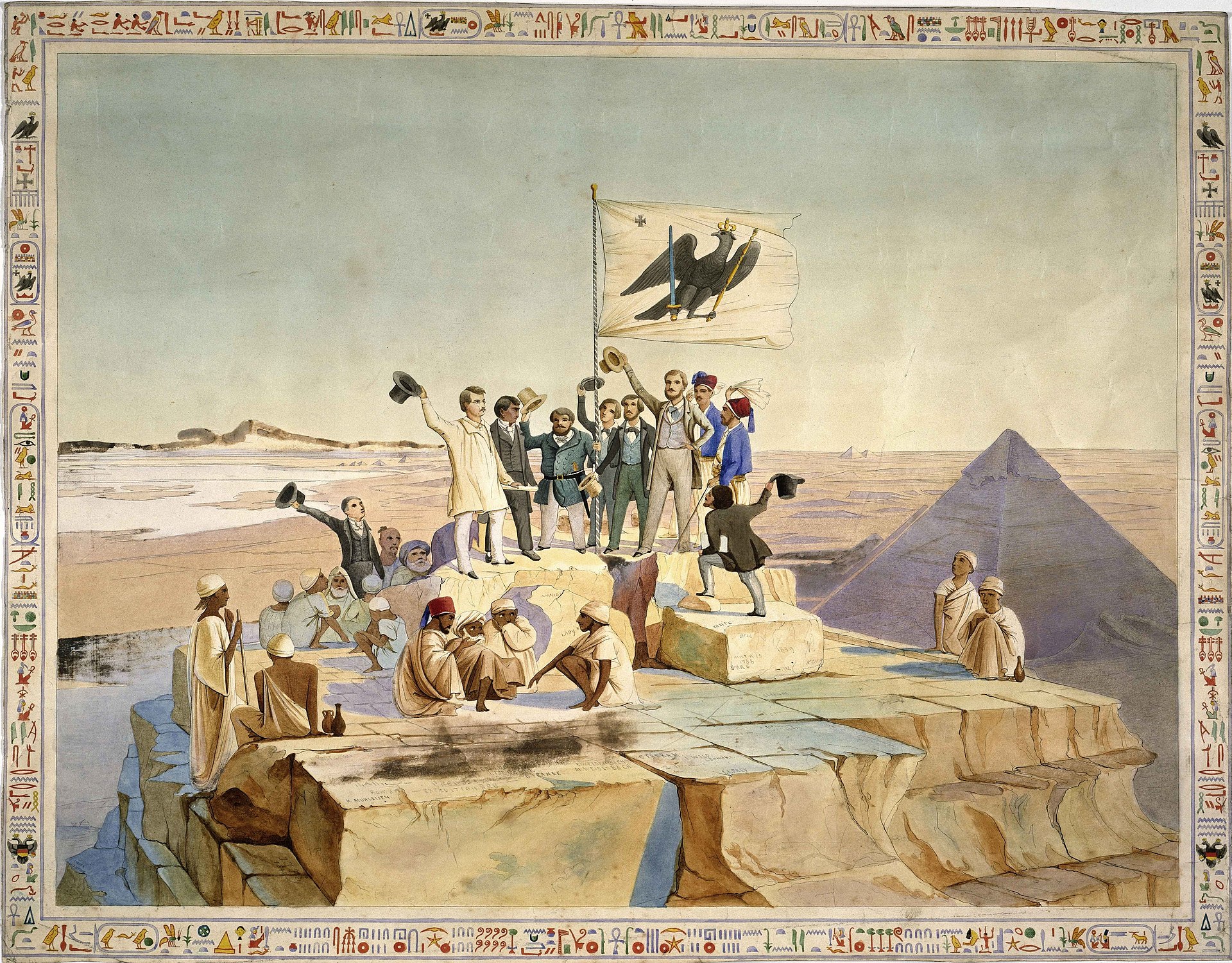 Stylised illustration of the Giza Pyramids glowing at sunrise